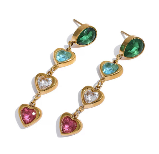 Gold Multi-color Heart Dangle Earrings