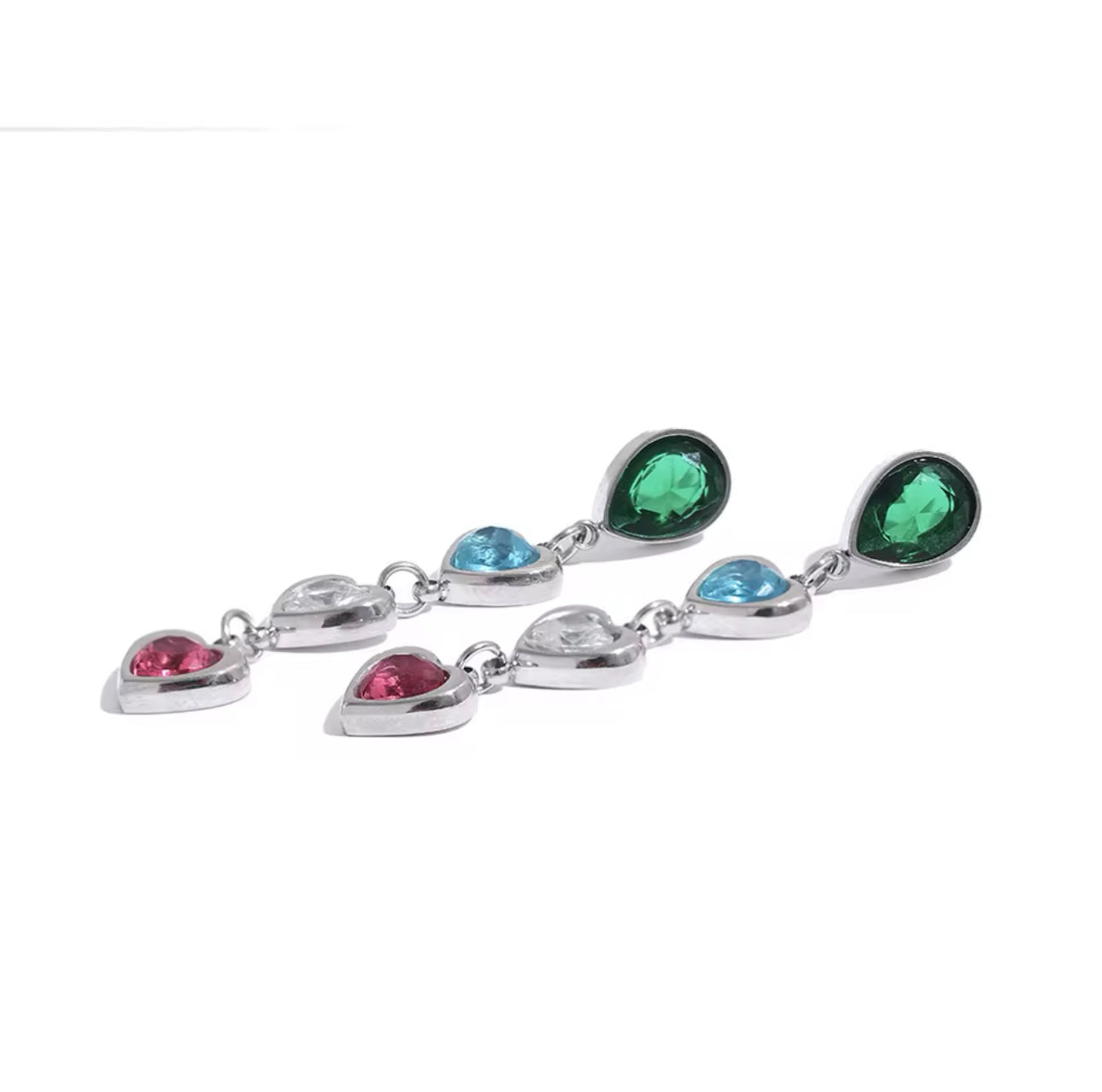 Platinum Multi-color Heart Dangle Earrings